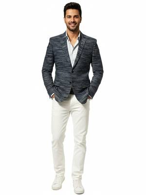 Navy blue textured melange knit notch lapel blazer 2