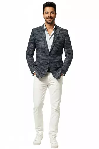 Navy blue textured melange knit notch lapel blazer