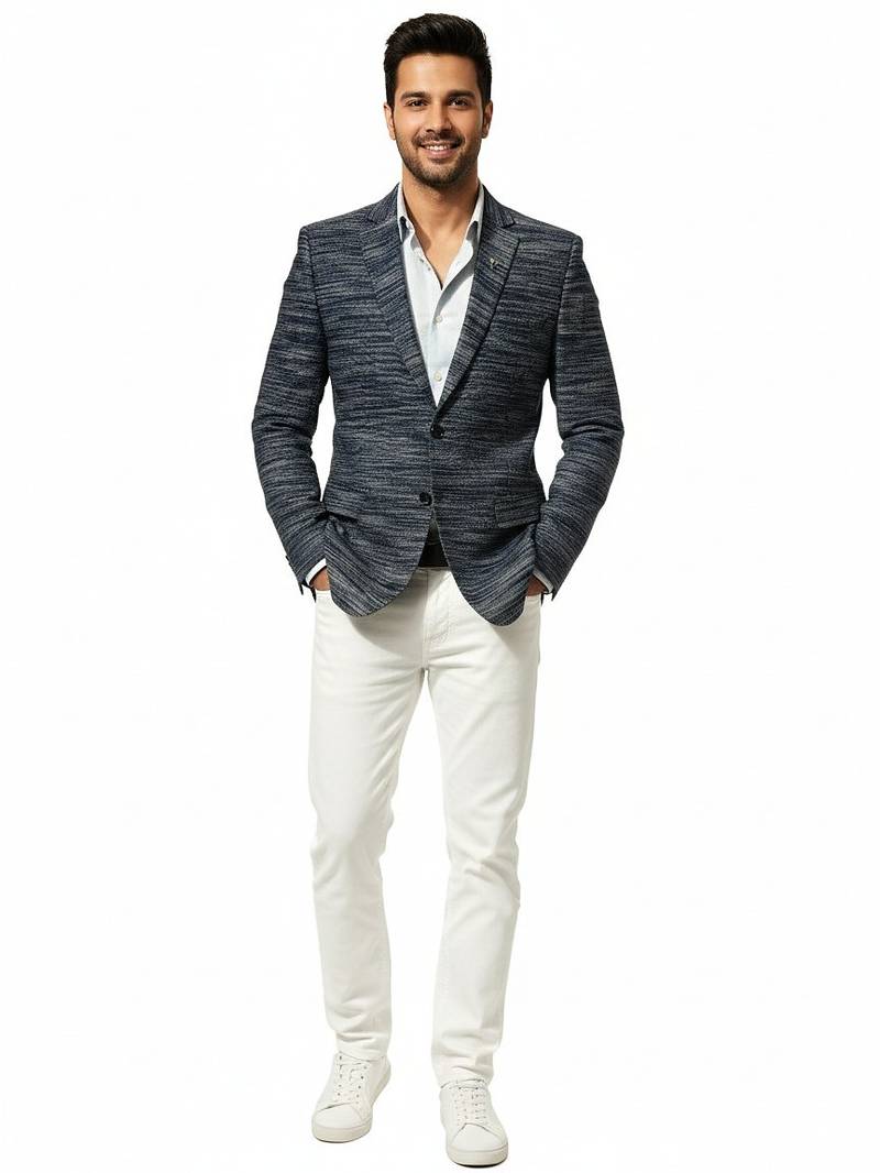 Navy blue textured melange knit notch lapel blazer