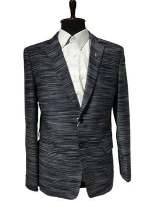 Navy blue textured melange knit notch lapel blazer 3