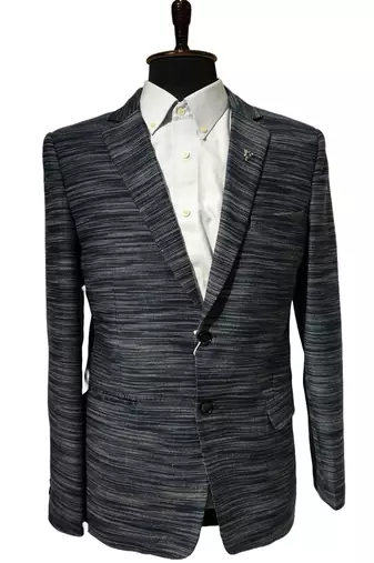 Navy blue textured melange knit notch lapel blazer
