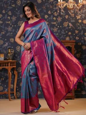 Blue ethnic motifs woven design silk blend banarasi sarees 5