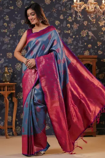 Blue ethnic motifs woven design silk blend banarasi sarees