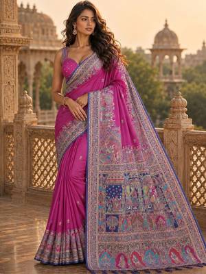 Magenta ethnic motifs embroidered silk blend saree 1