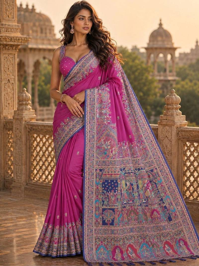Magenta ethnic motifs embroidered silk blend saree