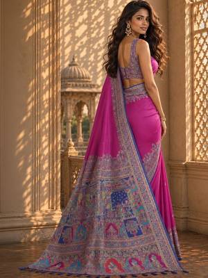 Magenta ethnic motifs embroidered silk blend saree 3