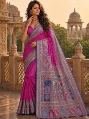 Magenta ethnic motifs embroidered silk blend saree 4