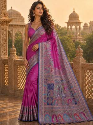 Magenta ethnic motifs embroidered silk blend saree 5