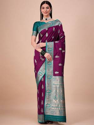 Magenta woven design baluchari silk saree with blouse piece 1