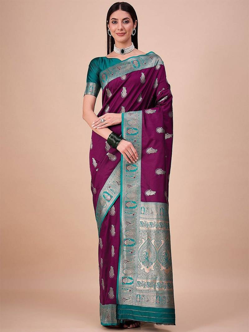 Magenta woven design baluchari silk saree with blouse piece