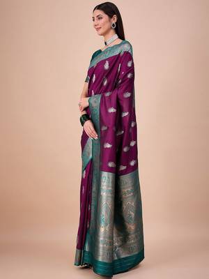 Magenta woven design baluchari silk saree with blouse piece 2