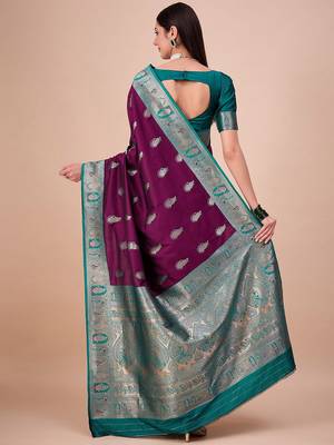 Magenta woven design baluchari silk saree with blouse piece 3