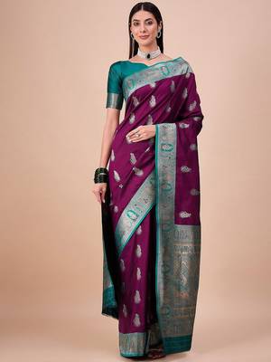 Magenta woven design baluchari silk saree with blouse piece 4