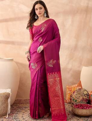 Magenta elegant wine silk gold zari leaf motifs rich woven border sarees 1