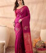 Magenta elegant wine silk gold zari leaf motifs rich woven border sarees