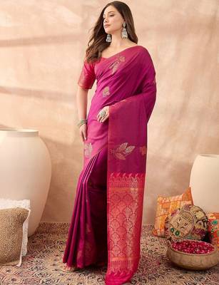 Magenta elegant wine silk gold zari leaf motifs rich woven border sarees 2