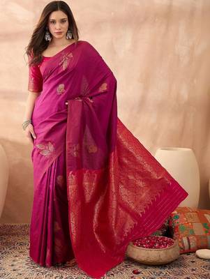 Magenta elegant wine silk gold zari leaf motifs rich woven border sarees 3