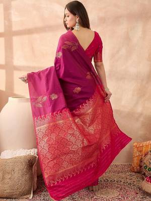 Magenta elegant wine silk gold zari leaf motifs rich woven border sarees 5