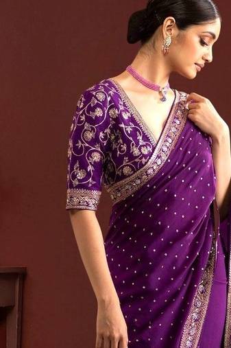 Purple embroidered festive saree with blouse piece