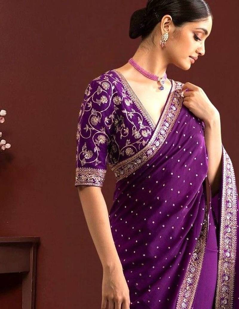 Purple embroidered festive saree with blouse piece