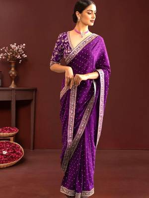 Purple embroidered festive saree with blouse piece 2