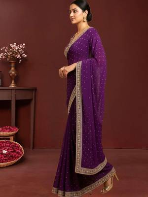 Purple embroidered festive saree with blouse piece 3