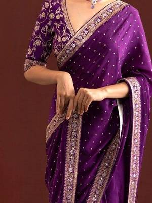 Purple embroidered festive saree with blouse piece 4