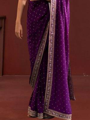 Purple embroidered festive saree with blouse piece 5