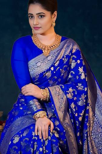 Blue women woven design banarasi saree with a blouse piece