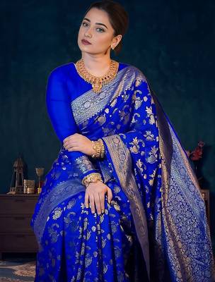 Blue women woven design banarasi saree with a blouse piece 2