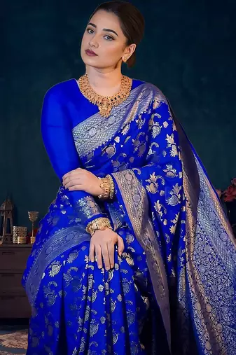 Blue women woven design banarasi saree with a blouse piece