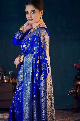 Blue women woven design banarasi saree with a blouse piece