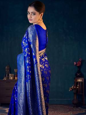 Blue women woven design banarasi saree with a blouse piece 4