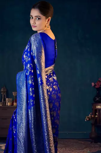 Blue women woven design banarasi saree with a blouse piece