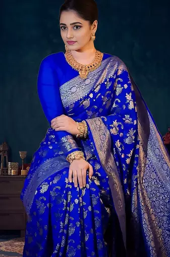 Blue women woven design banarasi saree with a blouse piece