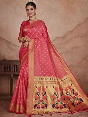 Pink woven design zari silk blend paithani saree 1