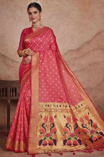 Pink woven design zari silk blend paithani saree