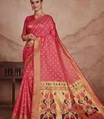 Pink woven design zari silk blend paithani saree