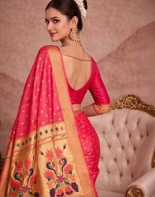 Pink woven design zari silk blend paithani saree 2