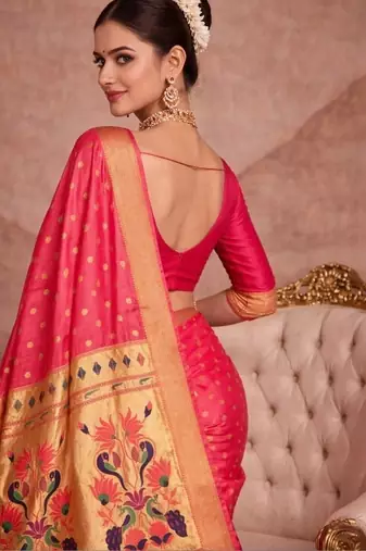 Pink woven design zari silk blend paithani saree