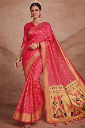 Pink woven design zari silk blend paithani saree