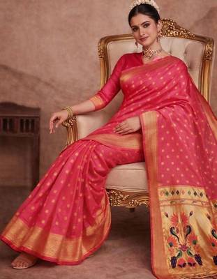 Pink woven design zari silk blend paithani saree 5