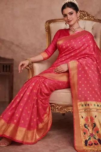 Pink woven design zari silk blend paithani saree