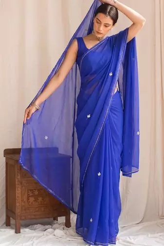 Blue floral embroidered poly georgette designer saree