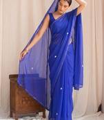Blue floral embroidered poly georgette designer saree