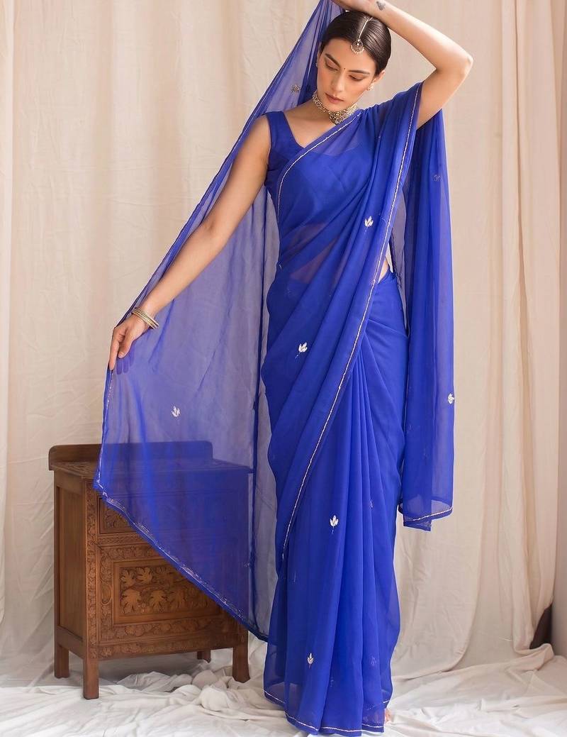 Blue floral embroidered poly georgette designer saree