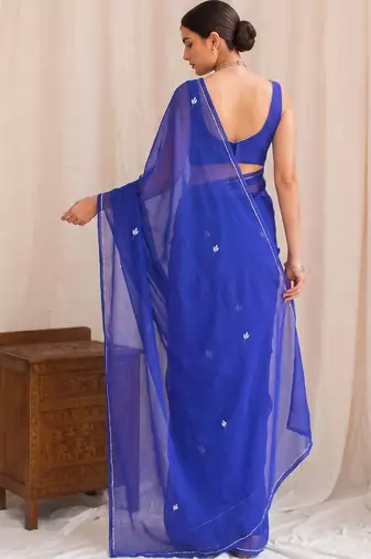 Blue floral embroidered poly georgette designer saree