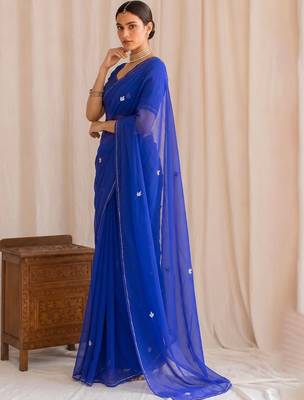 Blue floral embroidered poly georgette designer saree 3
