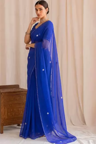 Blue floral embroidered poly georgette designer saree