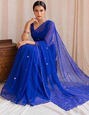 Blue floral embroidered poly georgette designer saree 4